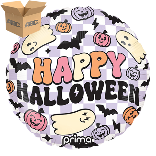 [PF-0009-18-50-1-CASE] 18" Round Happy Halloween Purple Checker (Case of 50)