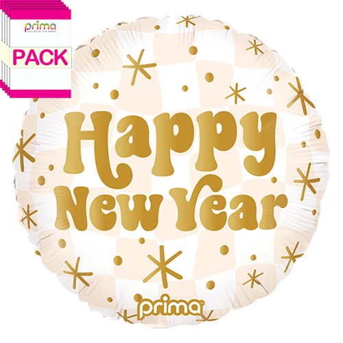 [PF-0025-18-50-1-BAND] 18" Round Happy New Year Gold & Neutral Checker (Pack of 5)