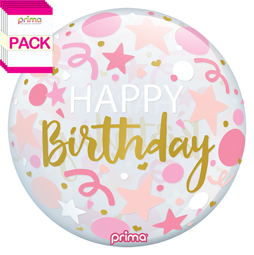 [PS-PSTR-22-50-1-BAND] 20” Pink Stars Happy Birthday Sphere (Pack of 10)